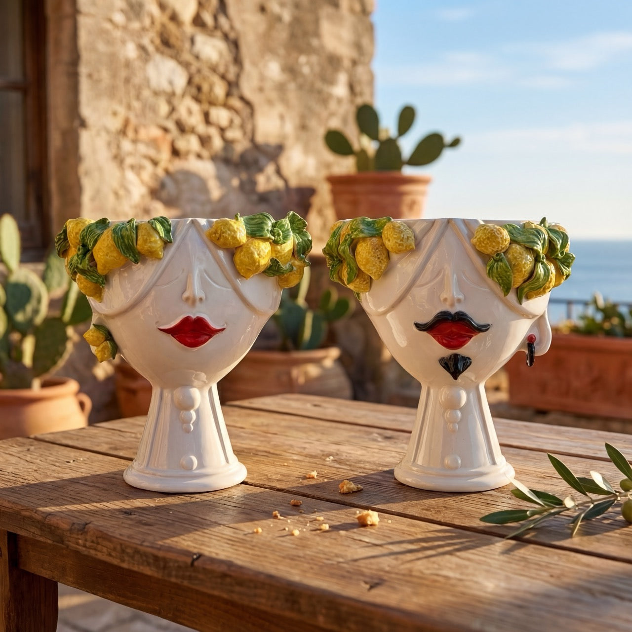 Testa di Moro con limoni "Zahira" uomo | White and Lemon 30 cm - Ceramiche di Caltagirone Sofia