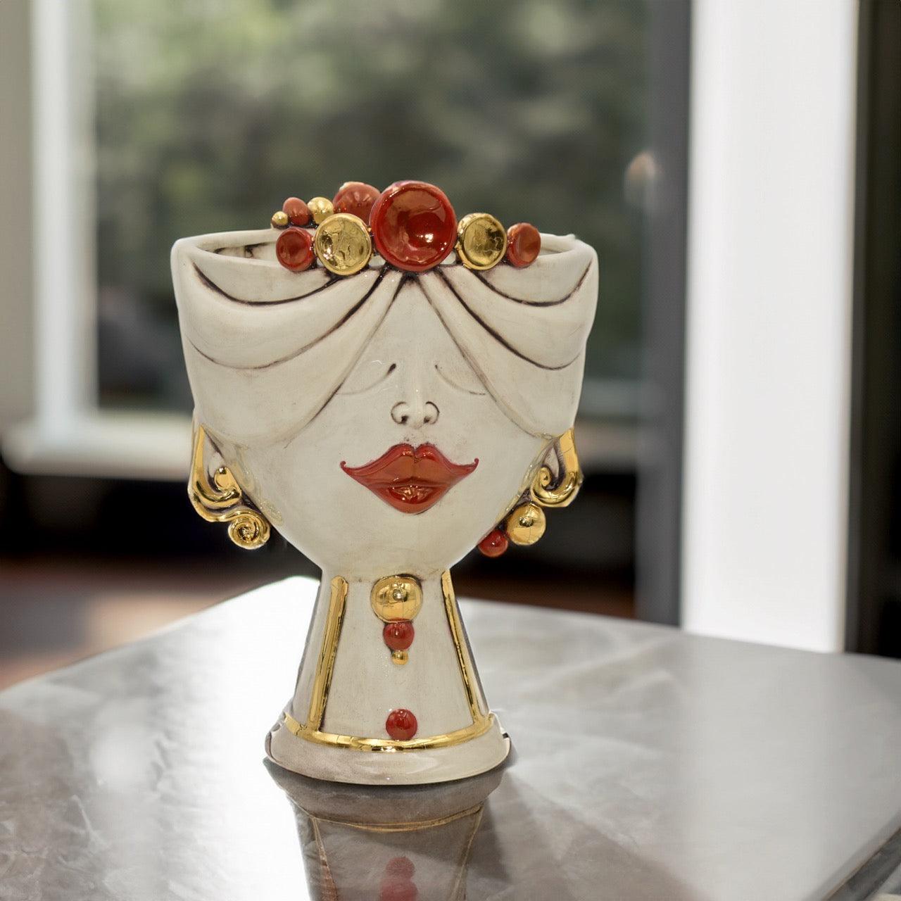 Testa di Moro donna in Ceramica Caltagirone | Zahira Madreperla Oro e Lustri h 30 cm - Ceramiche di Caltagirone Sofia