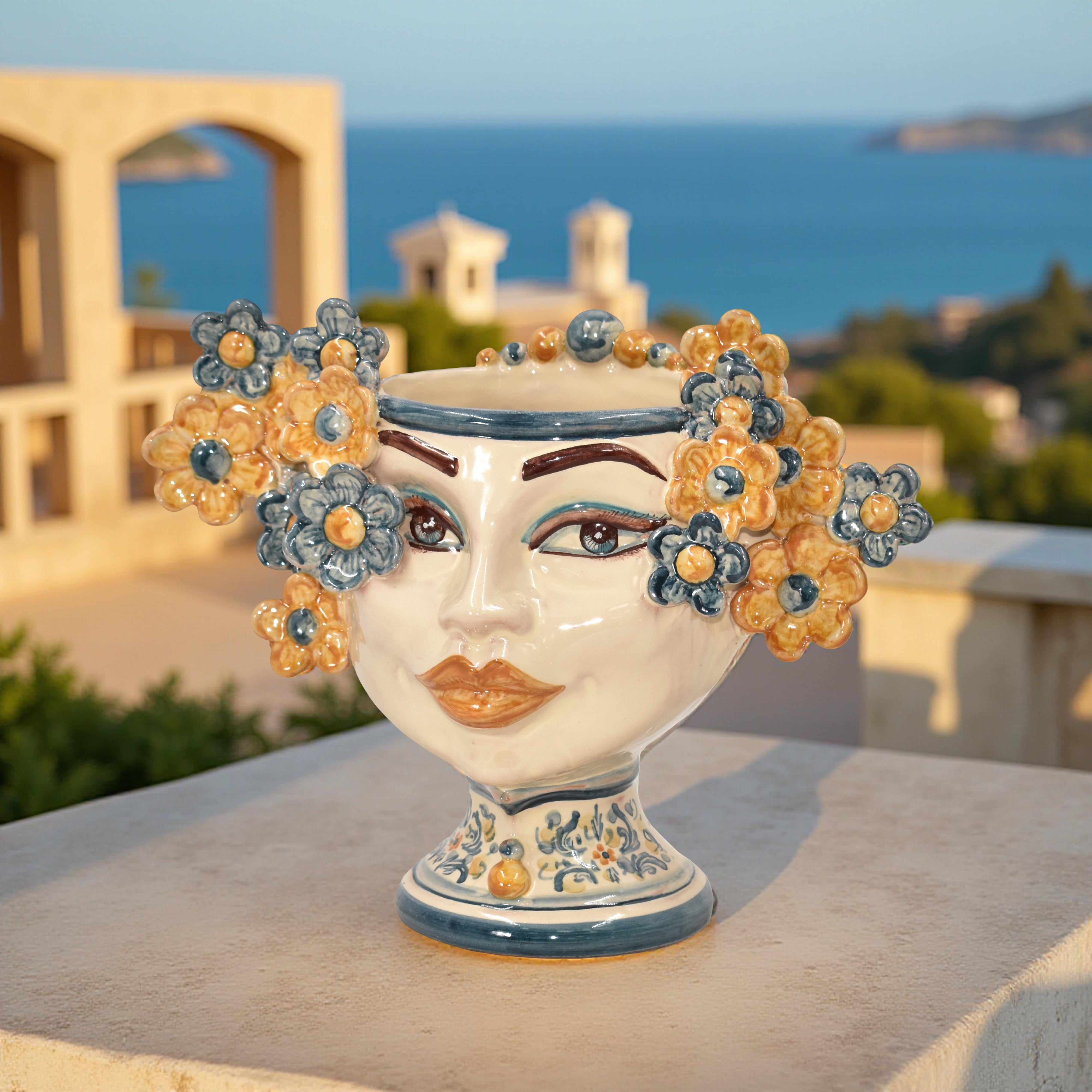 Testa di moro h 20 cm Linea Fiori decoro blu e arancio - Ceramiche di Caltagirone Sofia