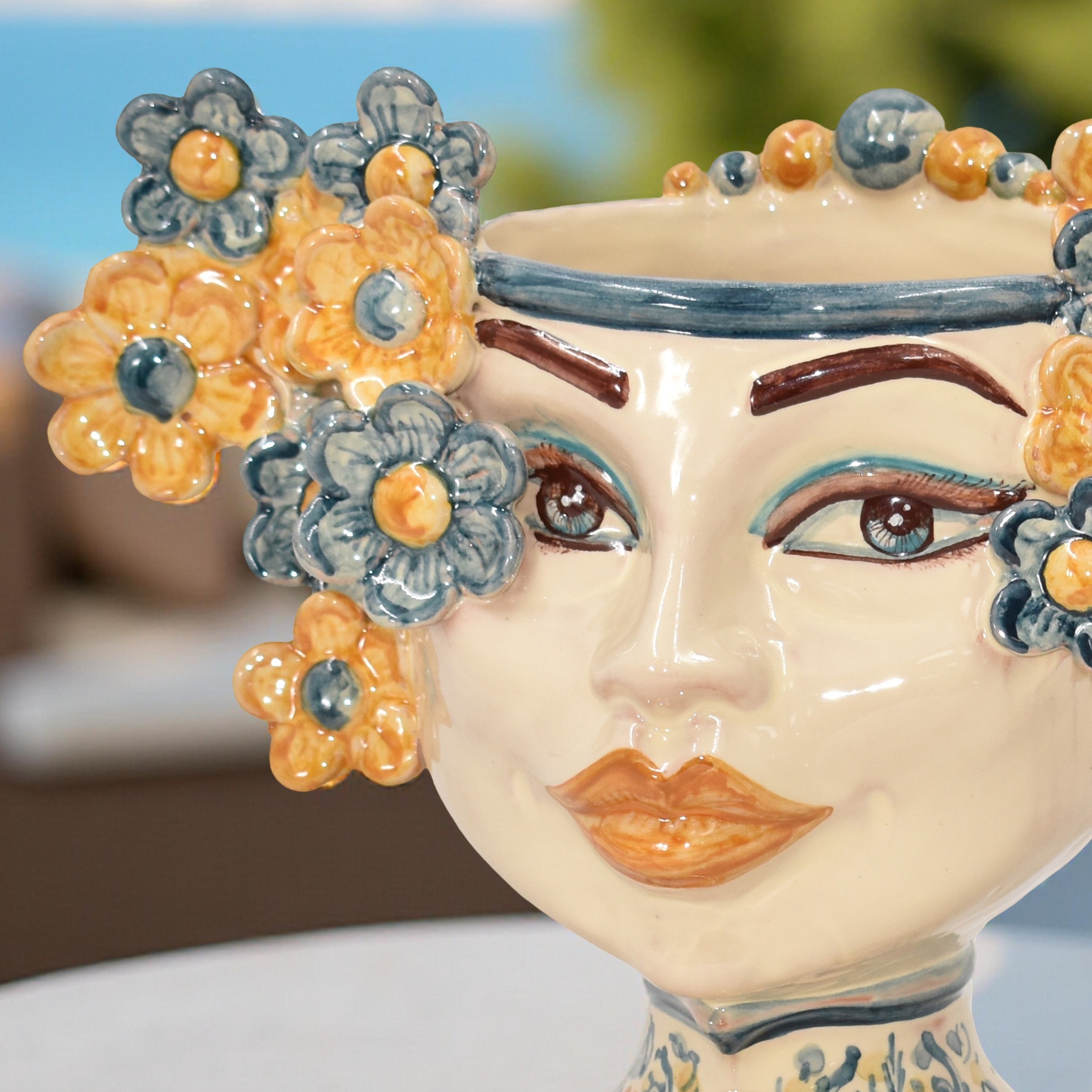 Testa di moro h 20 cm Linea Fiori decoro blu e arancio - Ceramiche di Caltagirone Sofia