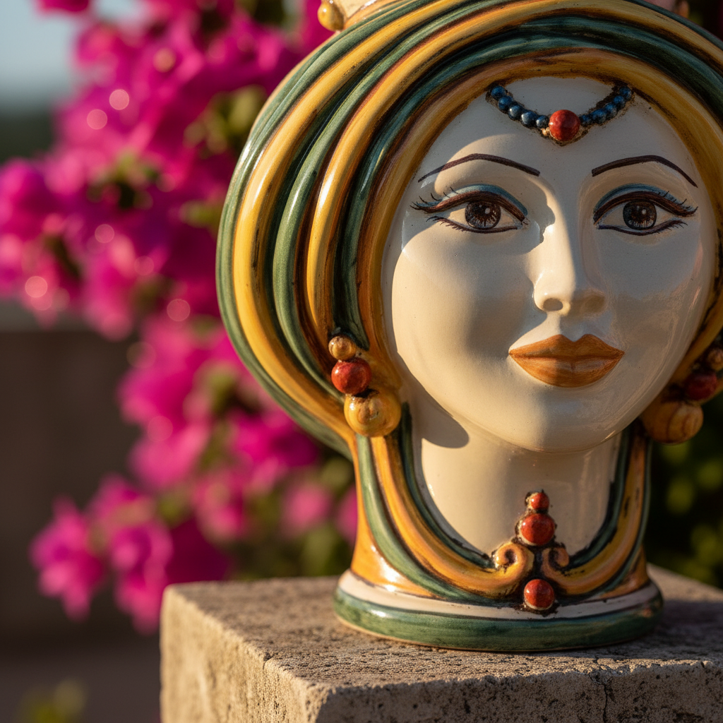 Moorish Head h 30 green and orange - Modern Moorish heads Sofia Ceramiche