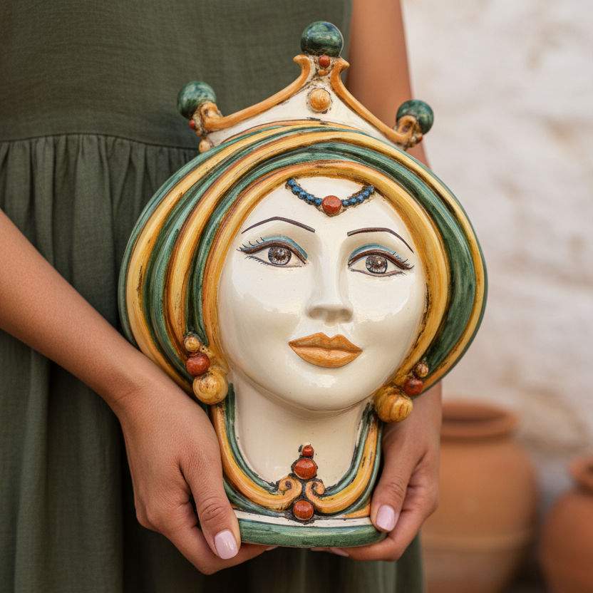 Moorish Head h 30 green and orange - Modern Moorish heads Sofia Ceramiche