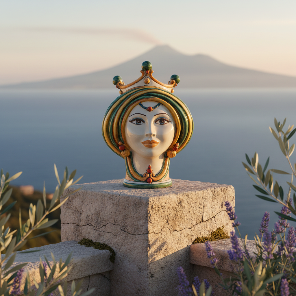 Moorish Head h 30 green and orange - Modern Moorish heads Sofia Ceramiche