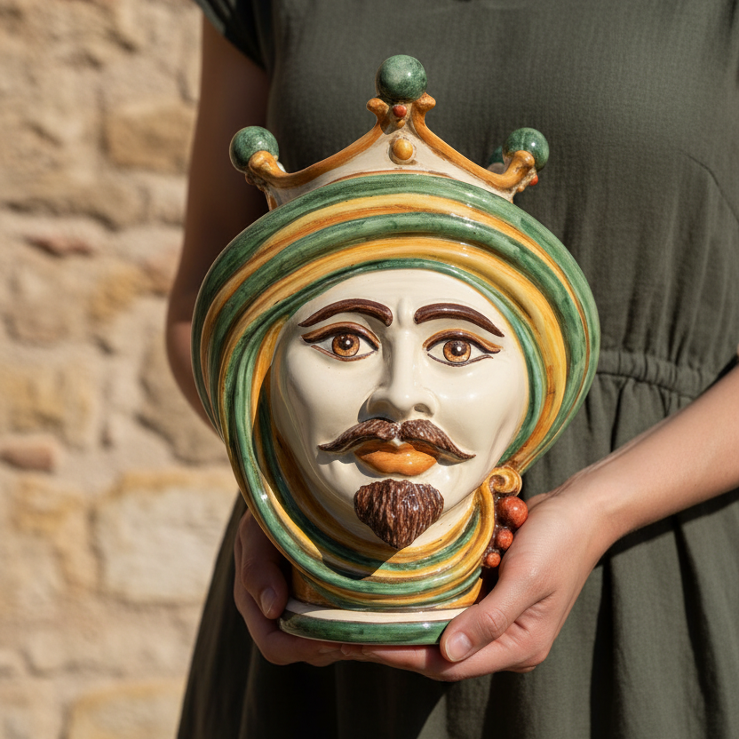 Moor Head Vase h 30 Green and Orange - Modern Moorish heads Sofia Ceramiche