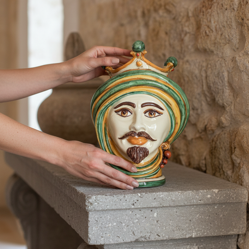 Moor Head Vase h 30 Green and Orange - Modern Moorish heads Sofia Ceramiche