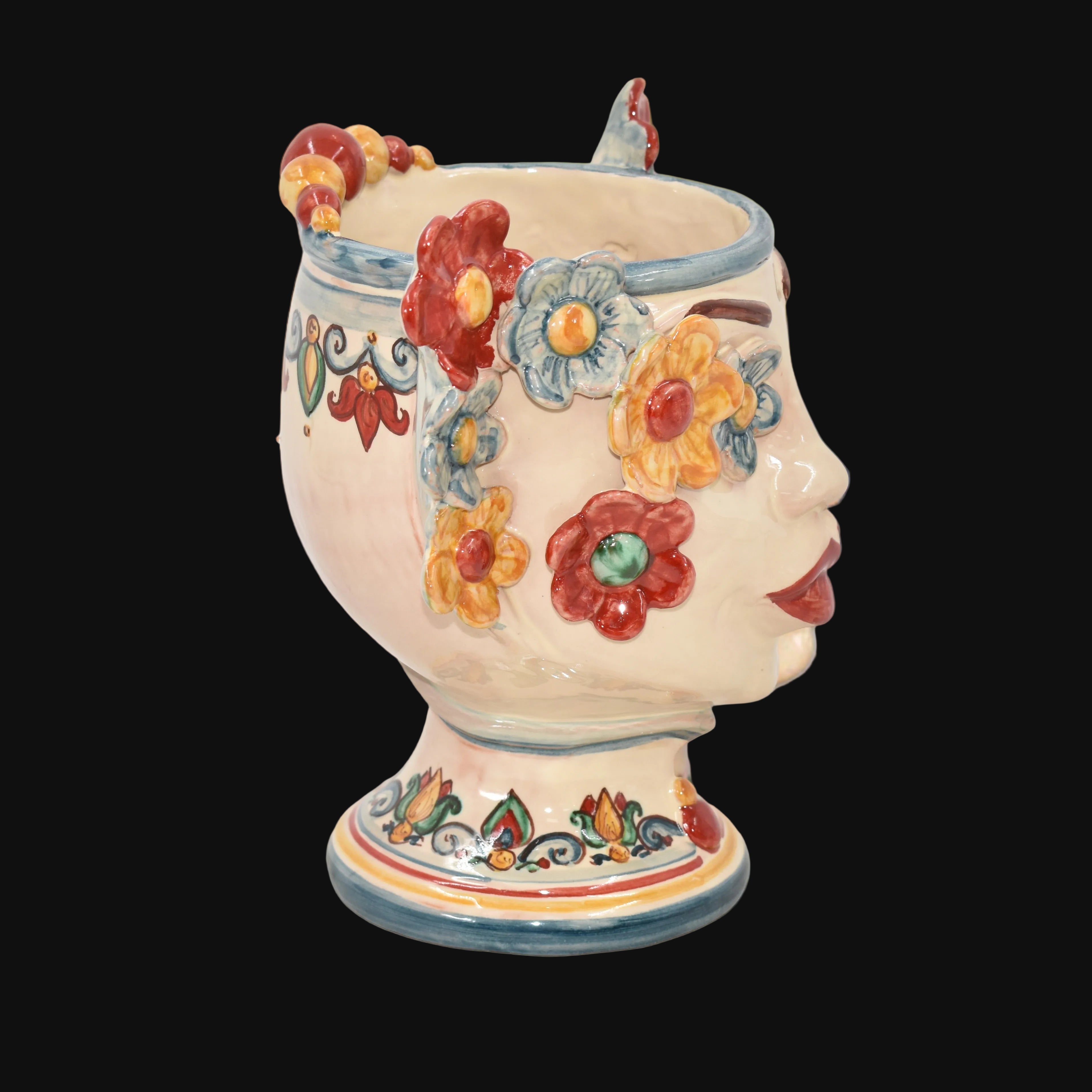 Testa h 20 c/fiori c/espressione labbra rosse decoro sicily femmina - Ceramiche di Caltagirone Sofia