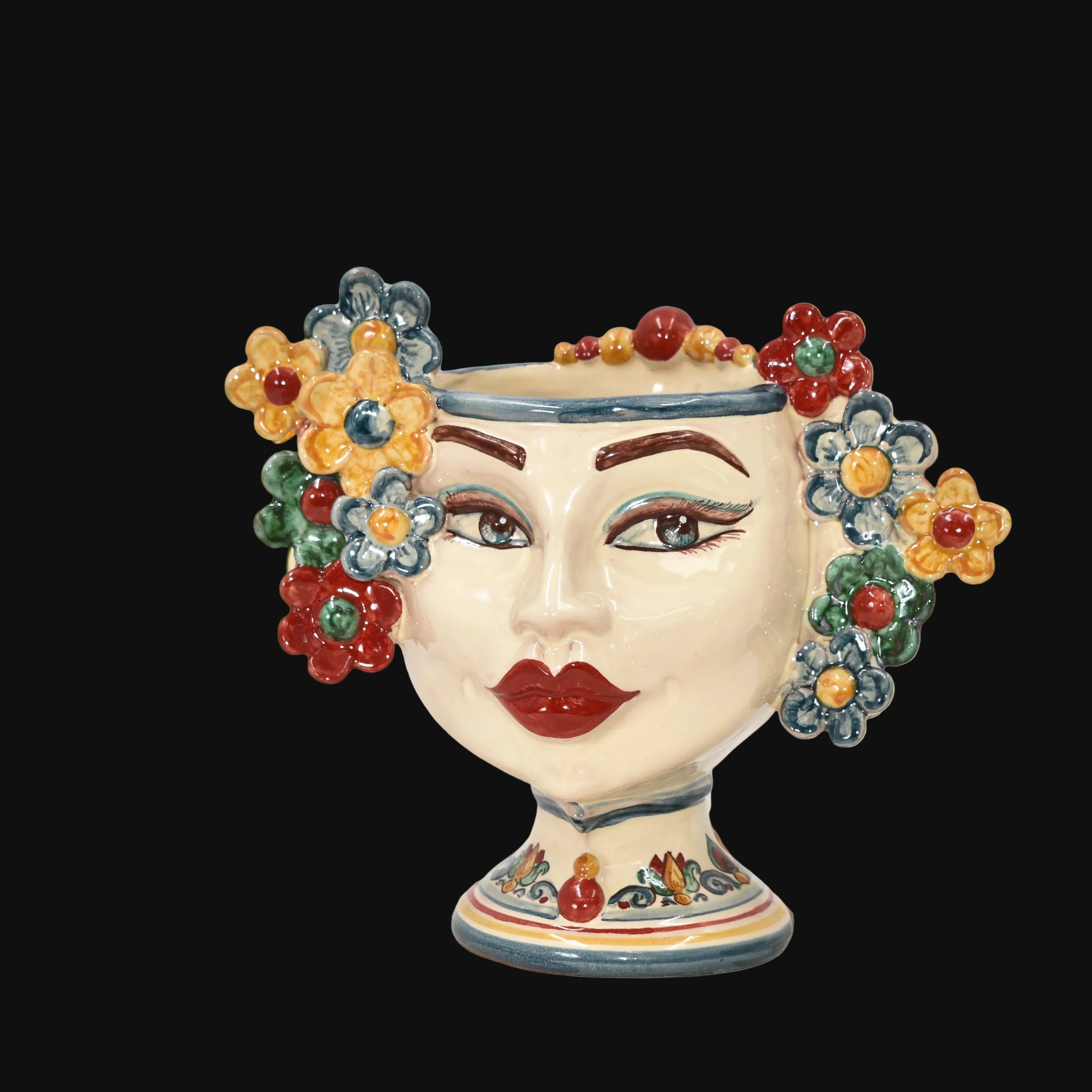 Testa h 20 c/fiori c/espressione labbra rosse decoro sicily femmina - Ceramiche di Caltagirone Sofia