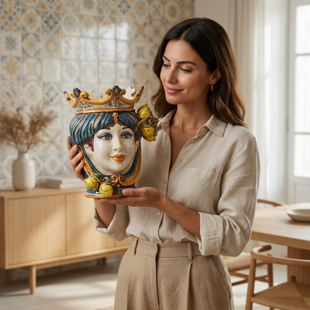 Testa h 25 cm limoni blu e arancio femmina - Ceramiche di Caltagirone Sofia