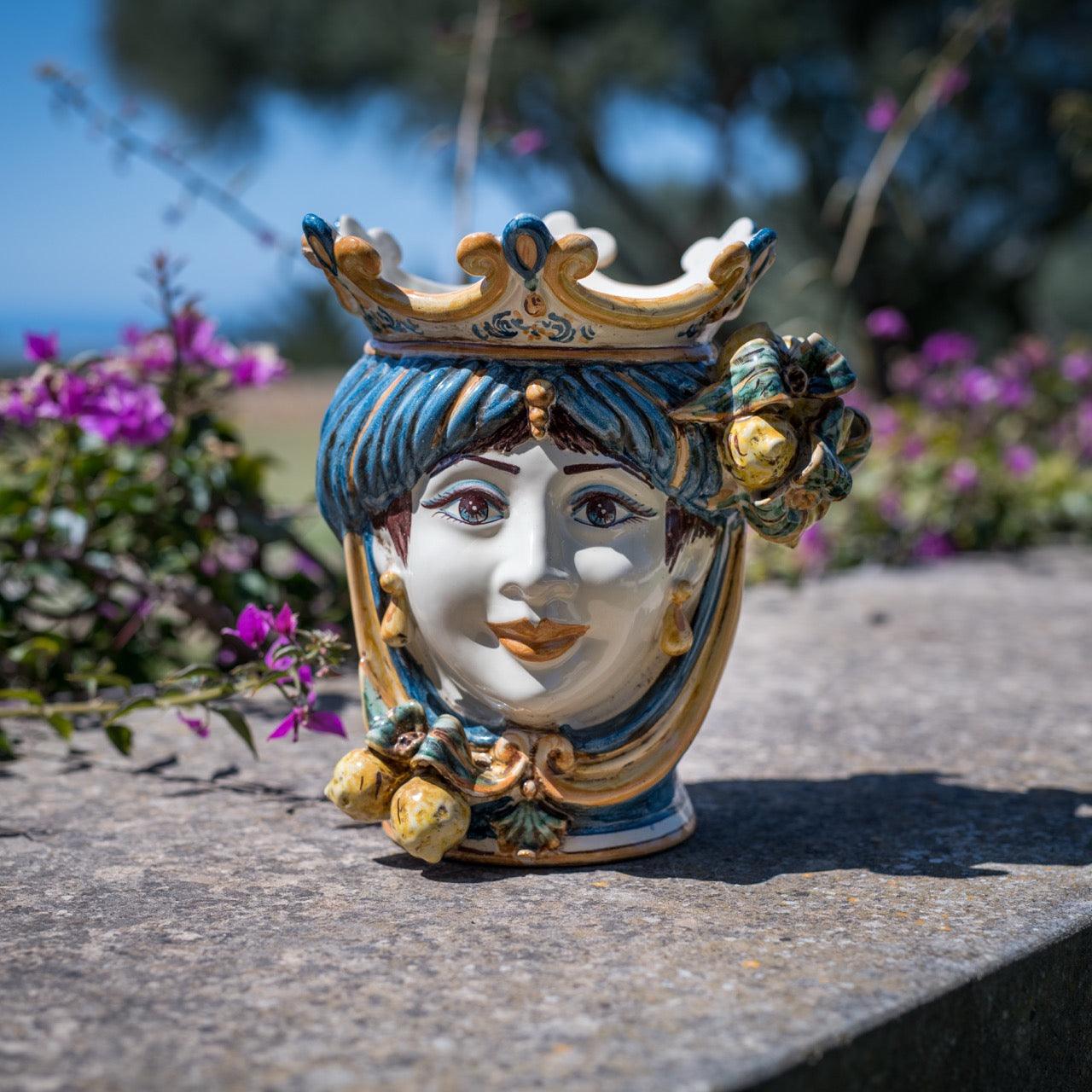Testa h 25 cm limoni blu e arancio femmina - Ceramiche di Caltagirone Sofia