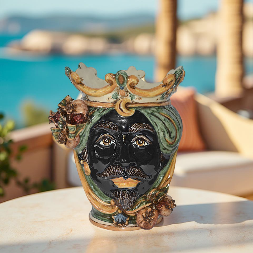 Ceramica Caltagirone fatta a mano raffigurante testa di moro con corona, decorata con melograni su tavolo all'aperto