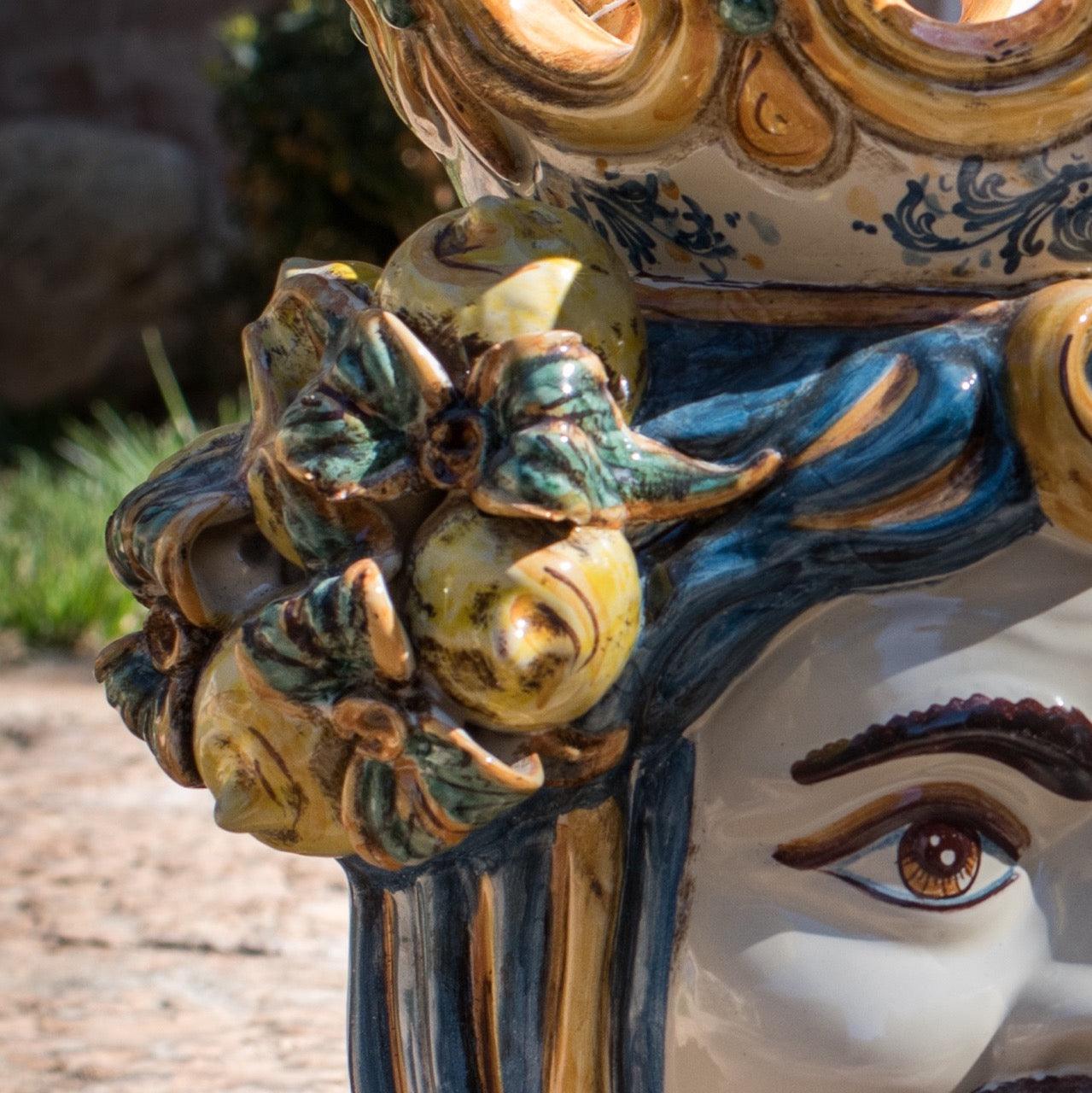 Testa h 40 limoni blu e arancio maschio bianco - Ceramiche di Caltagirone Sofia