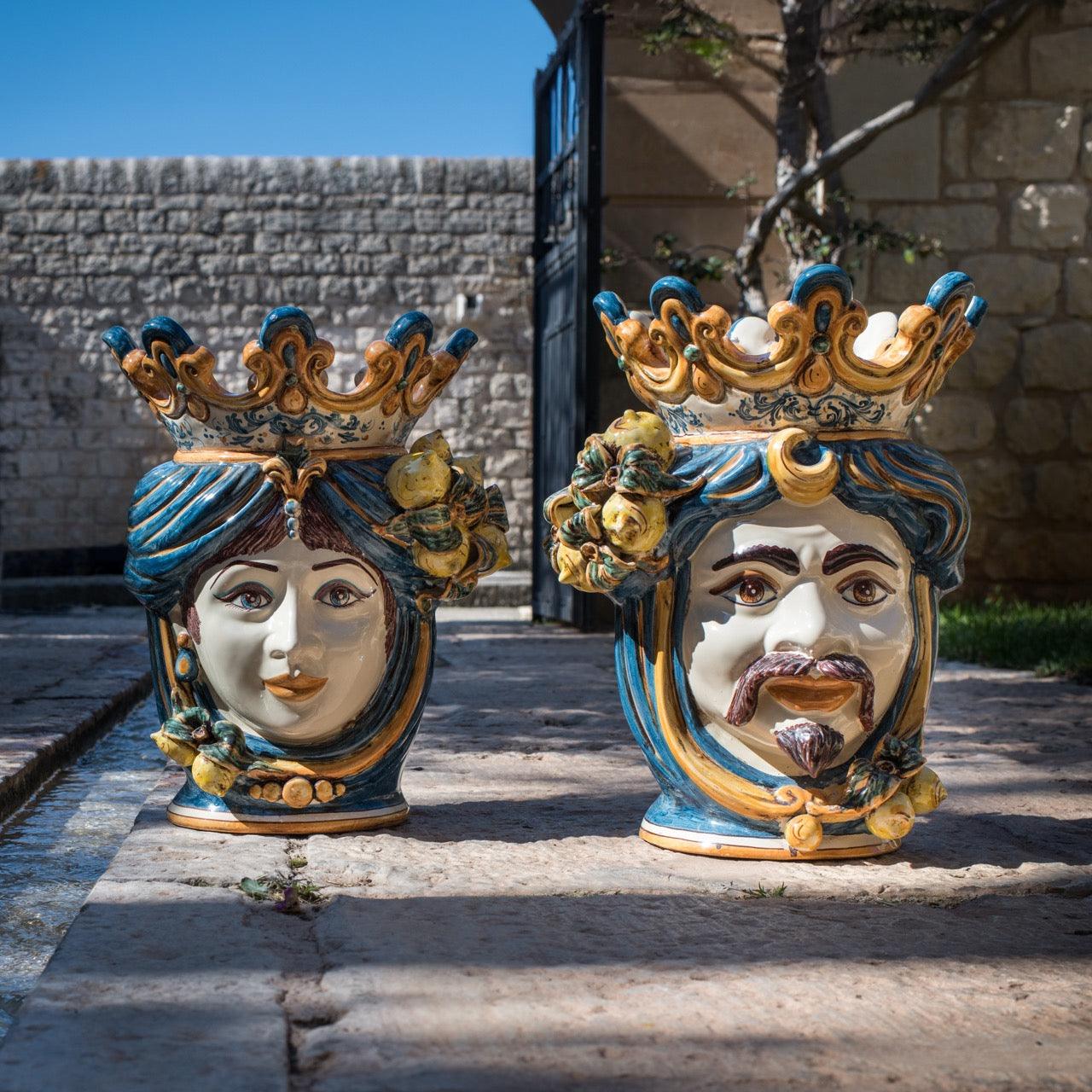 Testa h 40 limoni blu e arancio maschio bianco - Ceramiche di Caltagirone Sofia