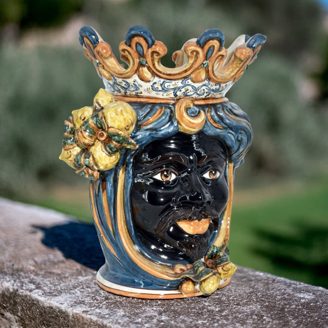 Testa h 40 limoni blu e arancio maschio moro - Ceramiche di Caltagirone Sofia