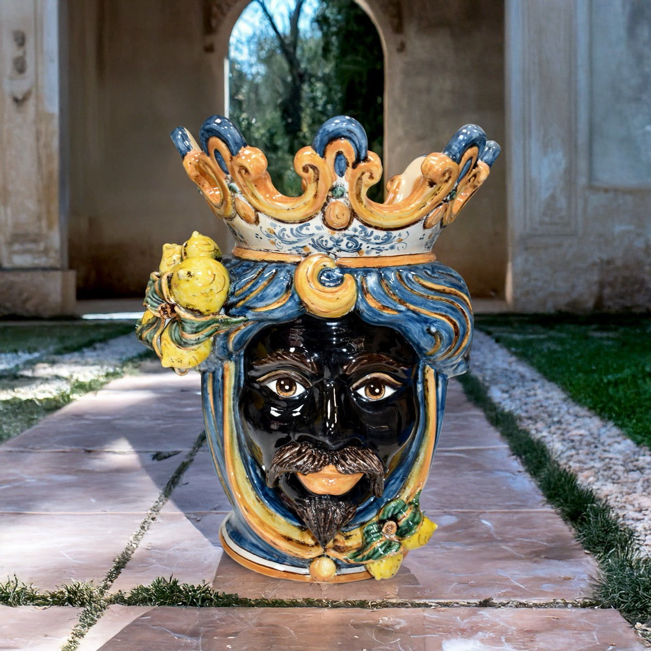 Testa h 40 limoni blu e arancio maschio moro - Ceramiche di Caltagirone Sofia