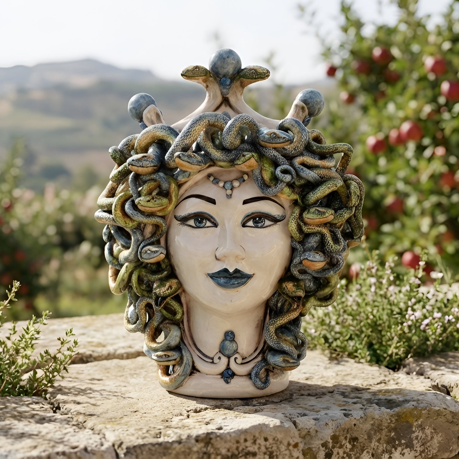 Tête Méduse H 30 cm – Madreperla Antichizzato, Bleu – Tête de Maure de Caltagirone, Sicile