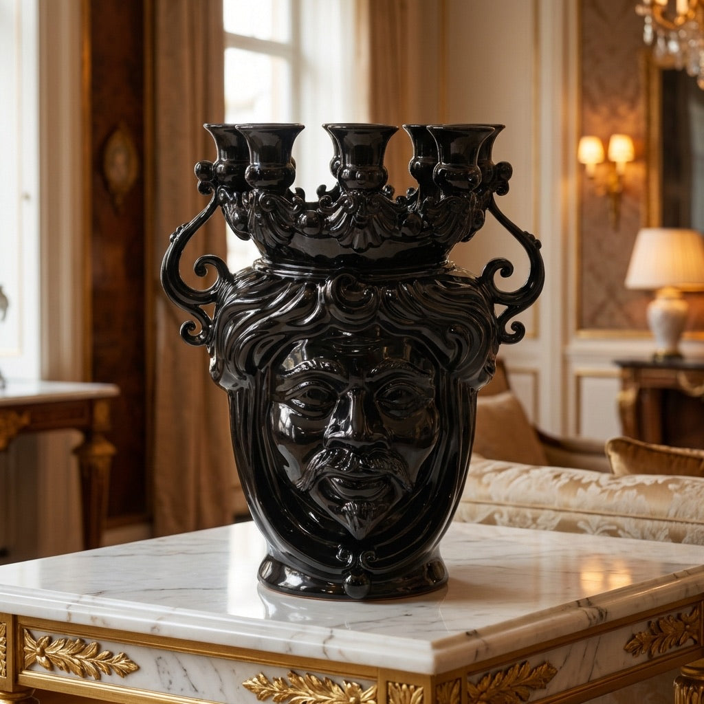 Testa porta candele h 40 black line uomo s/espressione - Ceramiche di Caltagirone Sofia