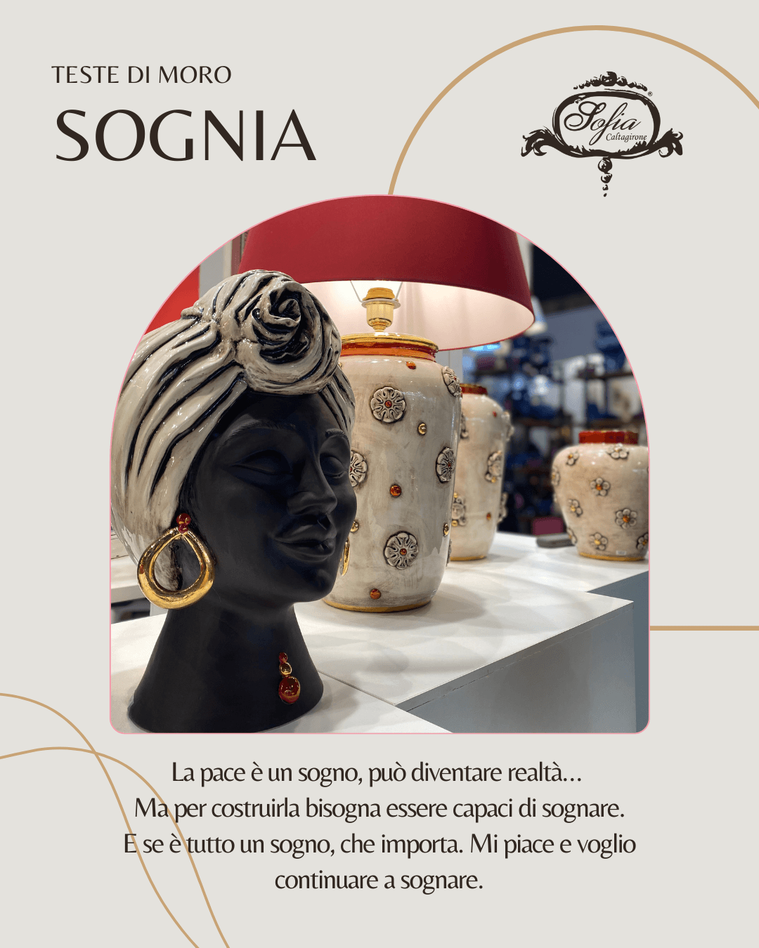 Testa sognia h 40 madreperla antichizzato oro lustri femmina viso opaco - Ceramiche di Caltagirone Sofia