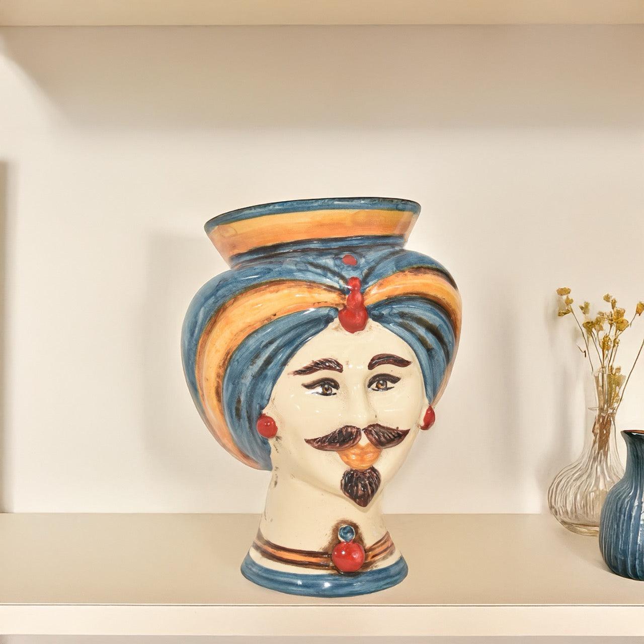 Teste di Moro h 16 tuareg decoro blu e arancio - Ceramiche di Caltagirone Sofia