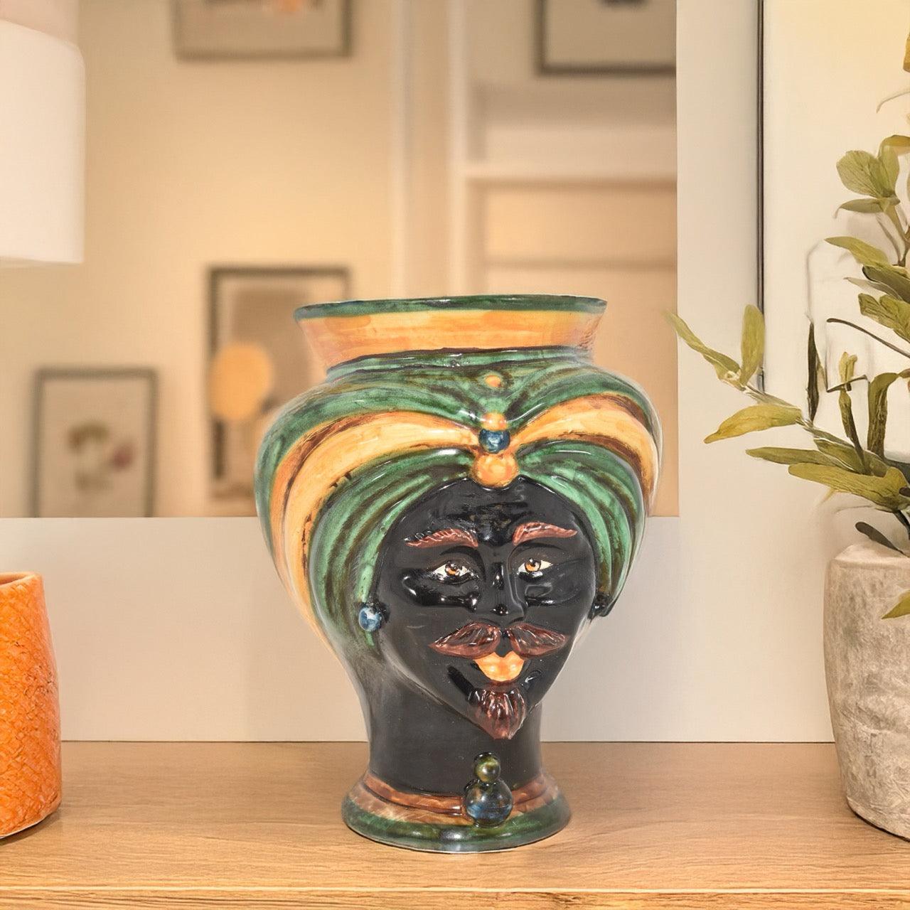 Teste di Moro h 16 tuareg decoro Verde e Arancio - Ceramiche di Caltagirone Sofia
