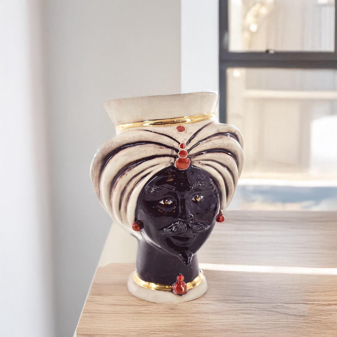 Teste di moro h 16 tuareg madreperla antichizzato Oro e Lustri - Ceramiche di Caltagirone Sofia