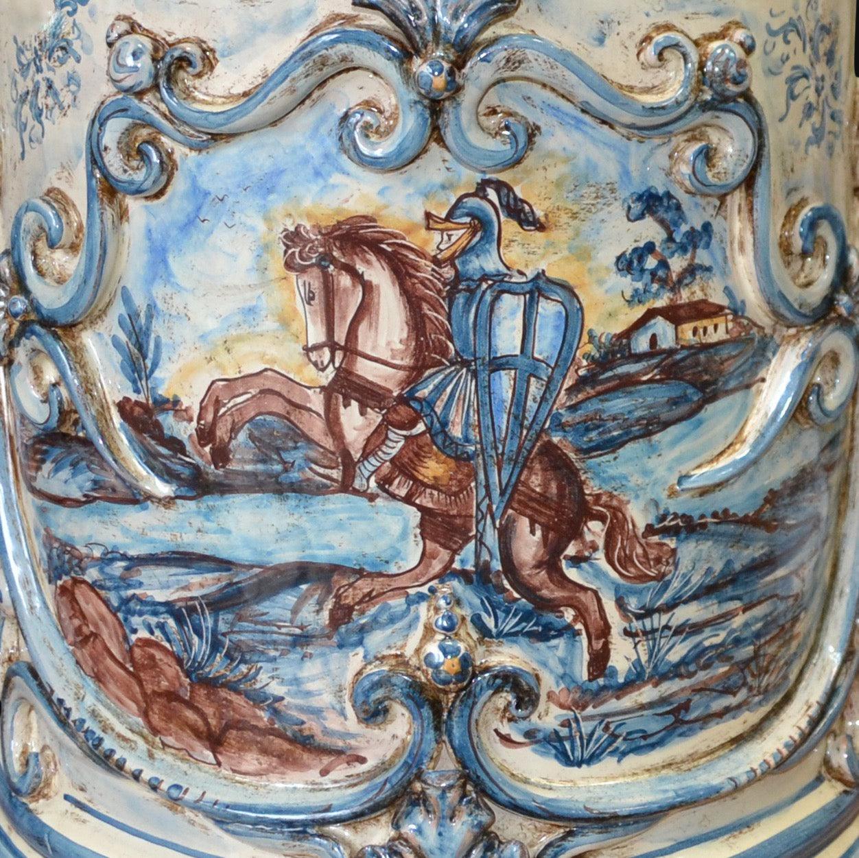 Torre portaombrelli c/greca rilievo cavaliere h 50 mono blu in serie limitata - Ceramiche di Caltagirone Sofia