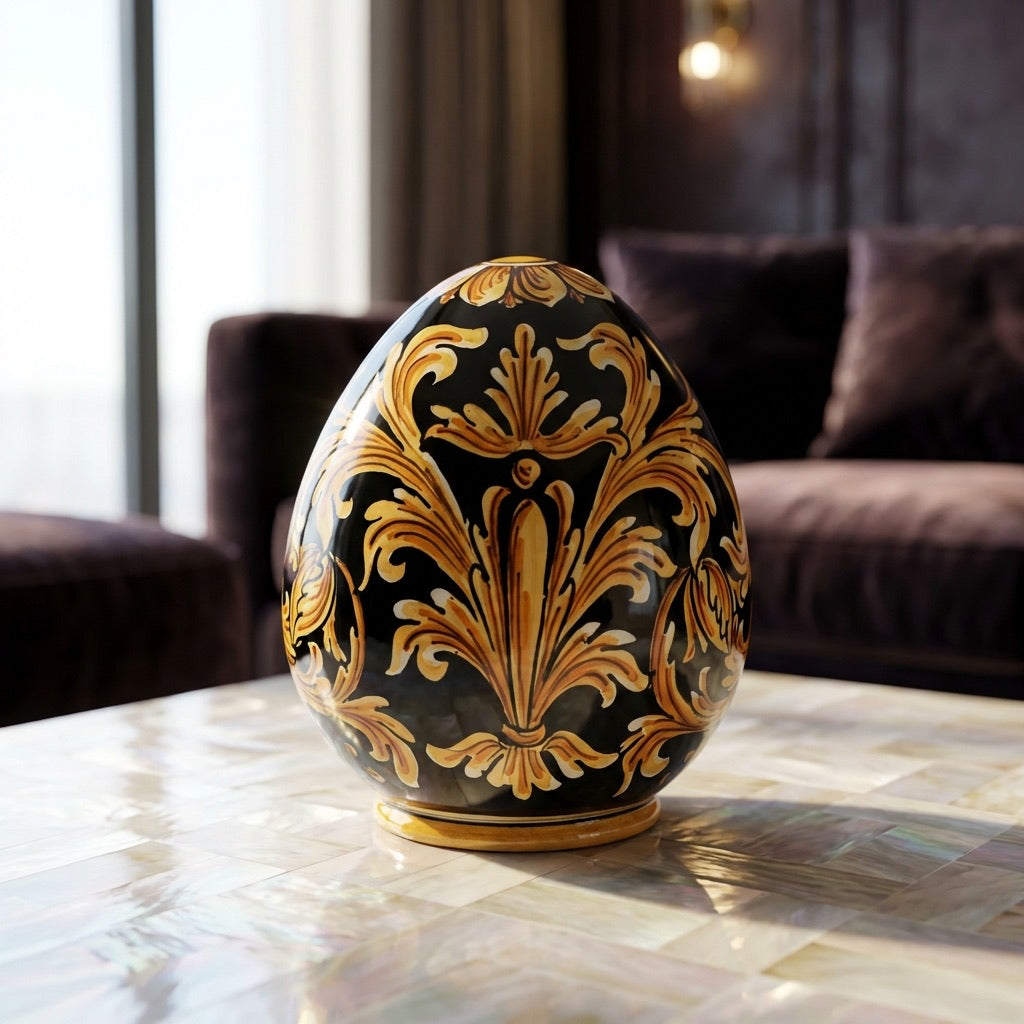 Huevo Decorativo Italiano H 20 cm, Fondo Negro – Cerámica Caltagirone – tradición artesanal siciliana