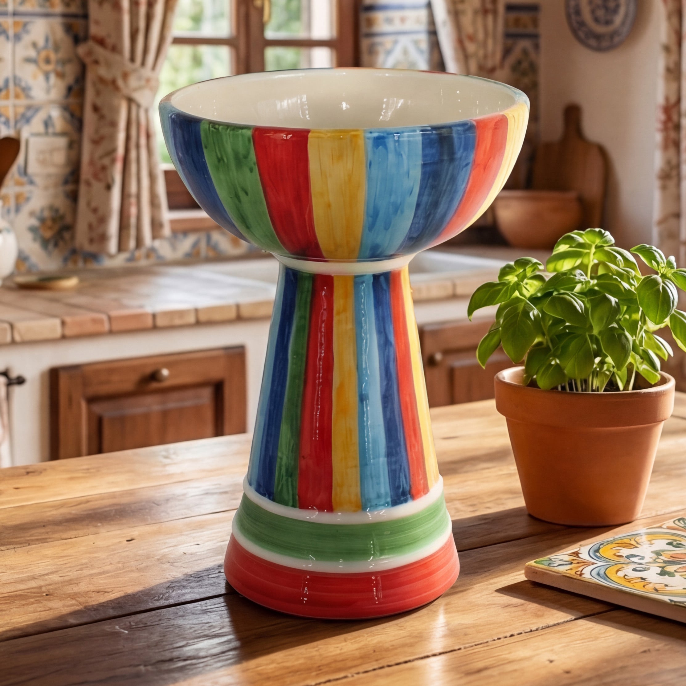 Vaso a coppa retto c/piede h 27 White and Color - Ceramiche di Caltagirone Sofia