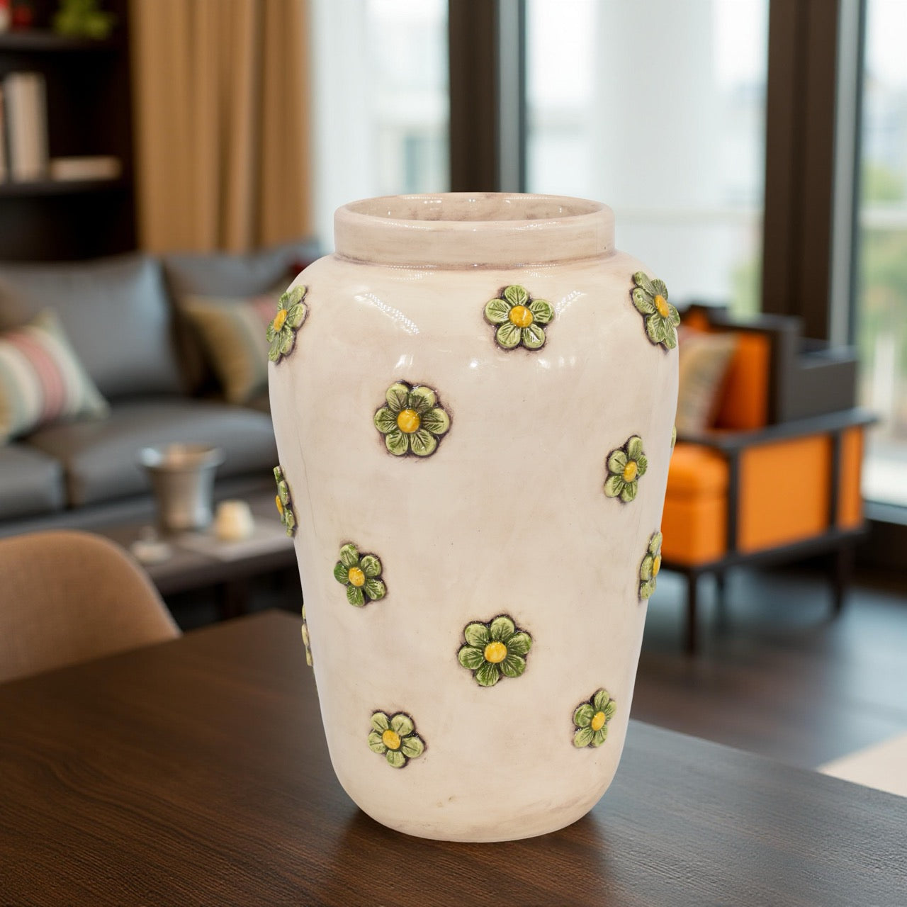 Vaso boccia c/fiori h 40 madreperla colorato fiori gialli e verde - Ceramiche di Caltagirone Sofia
