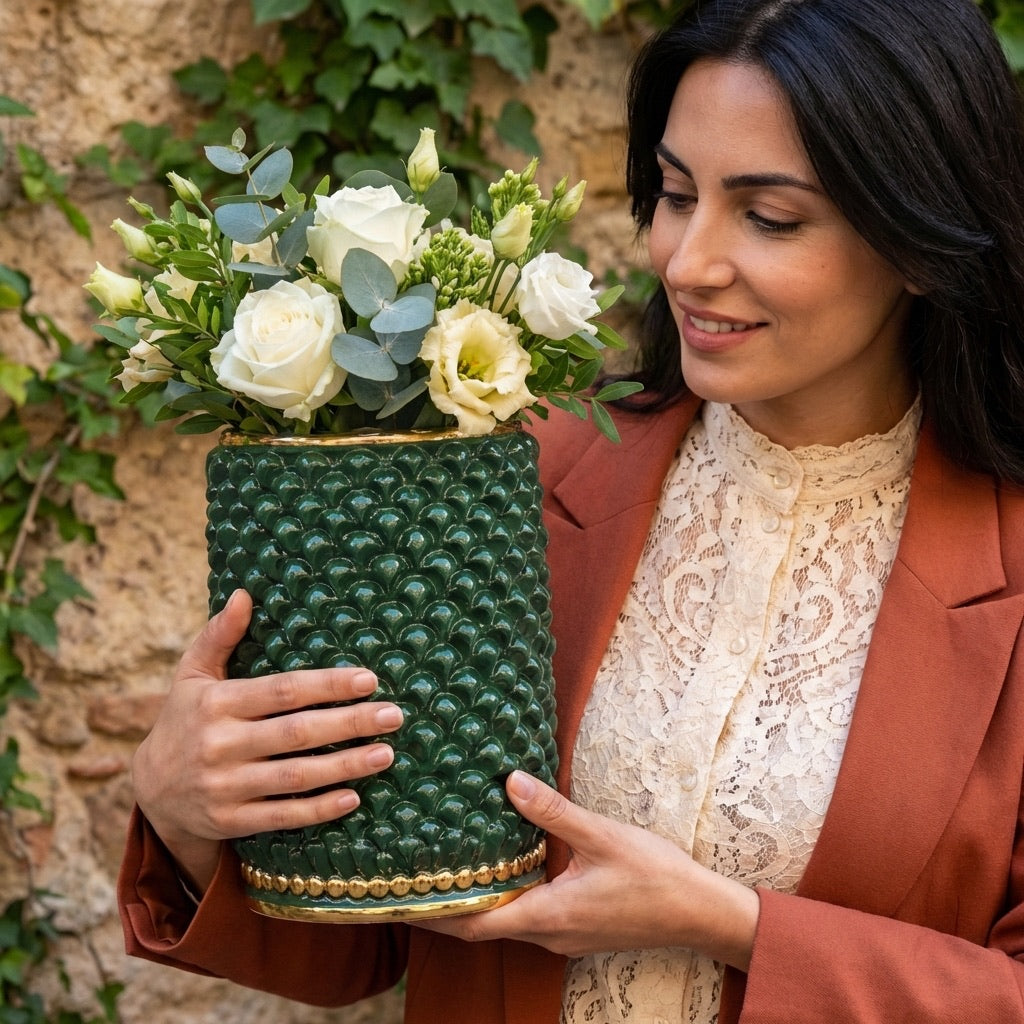 Vaso cilindro pigna modellata a mano in verde e oro - Ceramiche di Caltagirone Sofia