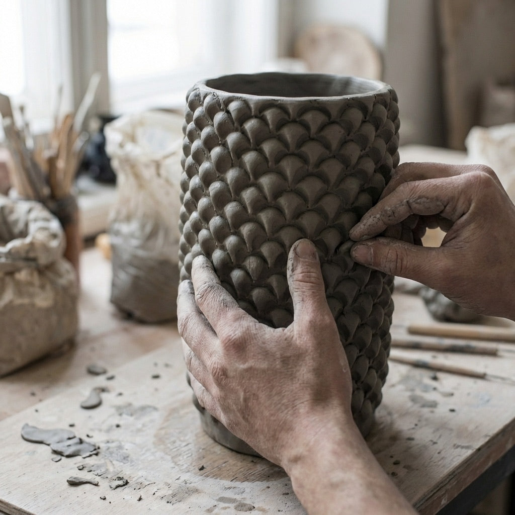 Vaso cilindro pigna modellata a mano in verde e oro - Ceramiche di Caltagirone Sofia