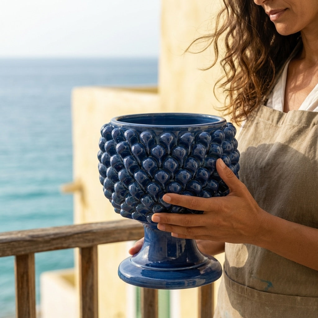 Vaso mezza pigna blu intenso in ceramica di Caltagirone - Ceramiche di Caltagirone Sofia