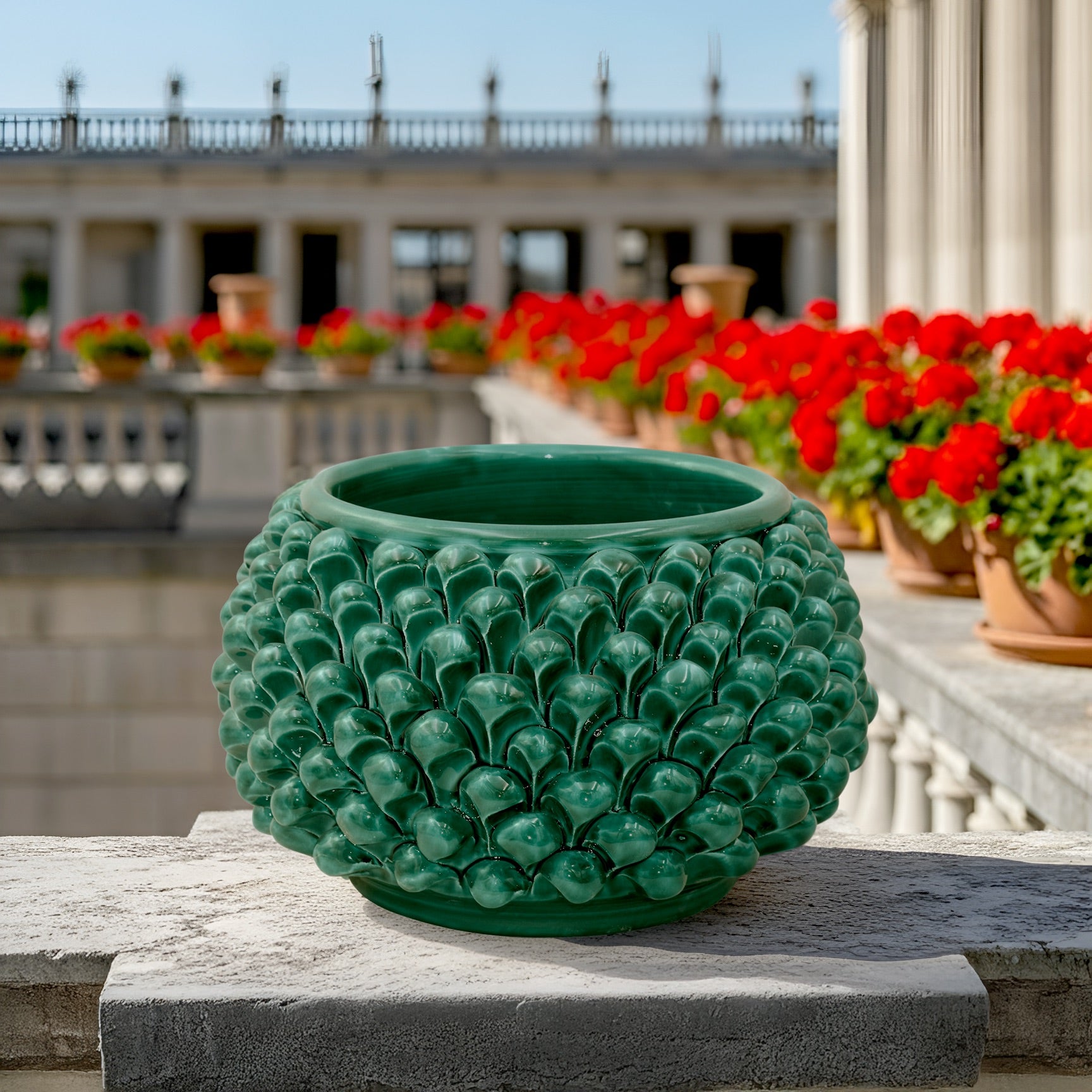 Vaso mezza pigna s/piede verde smeraldo in ceramica di Caltagirone - Ceramiche di Caltagirone Sofia