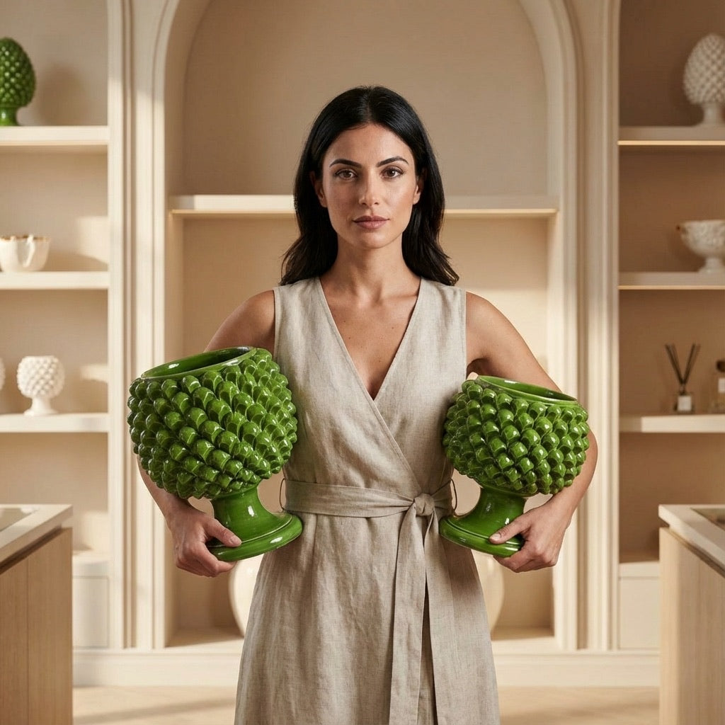 Vaso mezza pigna verde foglia in ceramica di Caltagirone - Ceramiche di Caltagirone Sofia