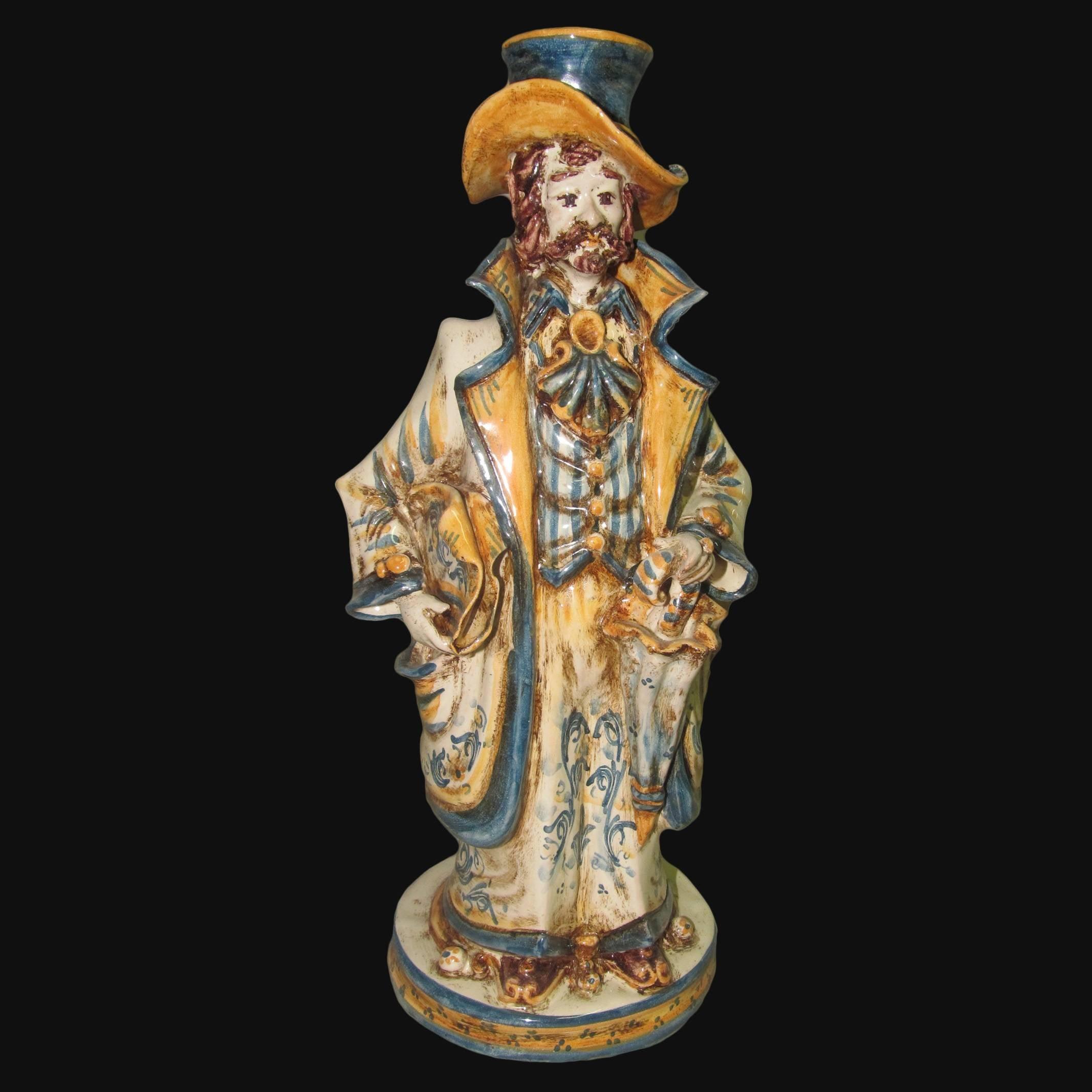 Lumiera piccola uomo h 31 blu e arancio - Modellato a Mano - Ceramiche di Caltagirone Sofia