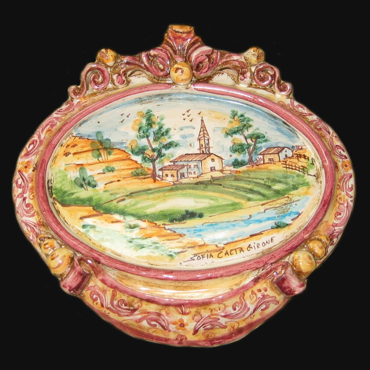 Ovale orizzontale medio con paesaggio 23x25 s. d'arte bordeaux/arancio in Ceramica Artistica di Caltagirone - Ceramiche di Caltagirone Sofia