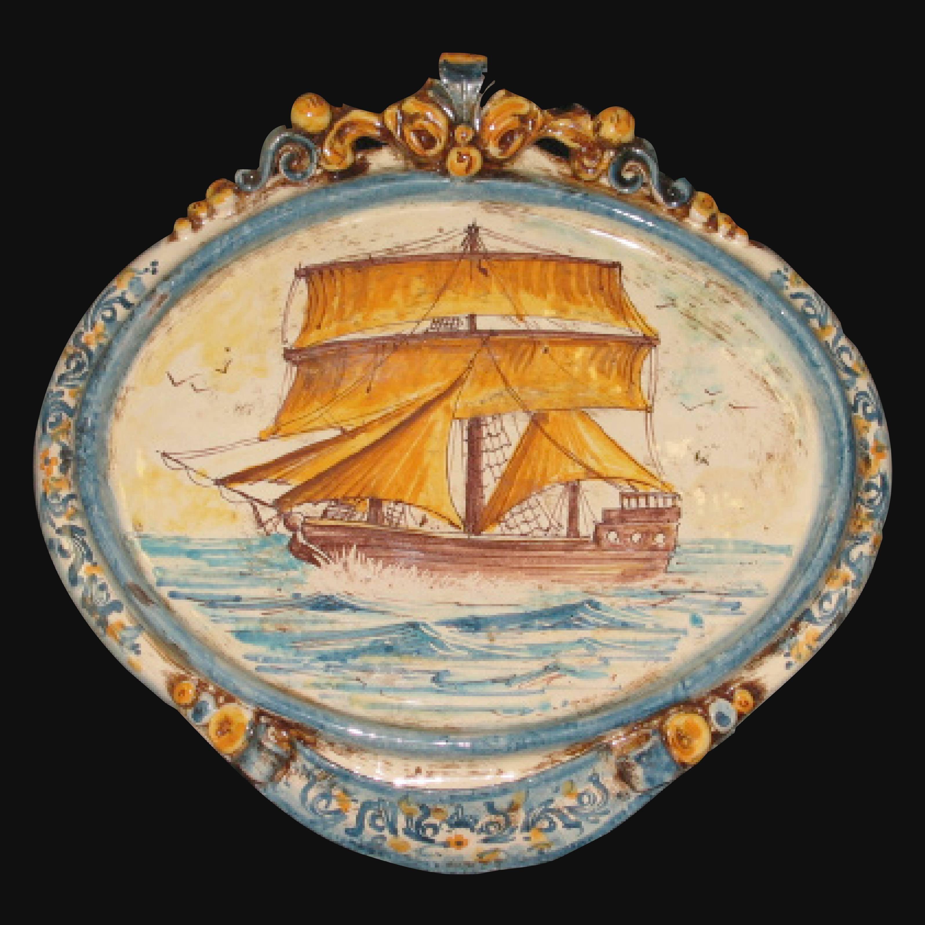 Ovale orizzontale medio con veliero maxi 23x25 blu e arancio in Ceramica Artistica di Caltagirone - Ceramiche di Caltagirone Sofia