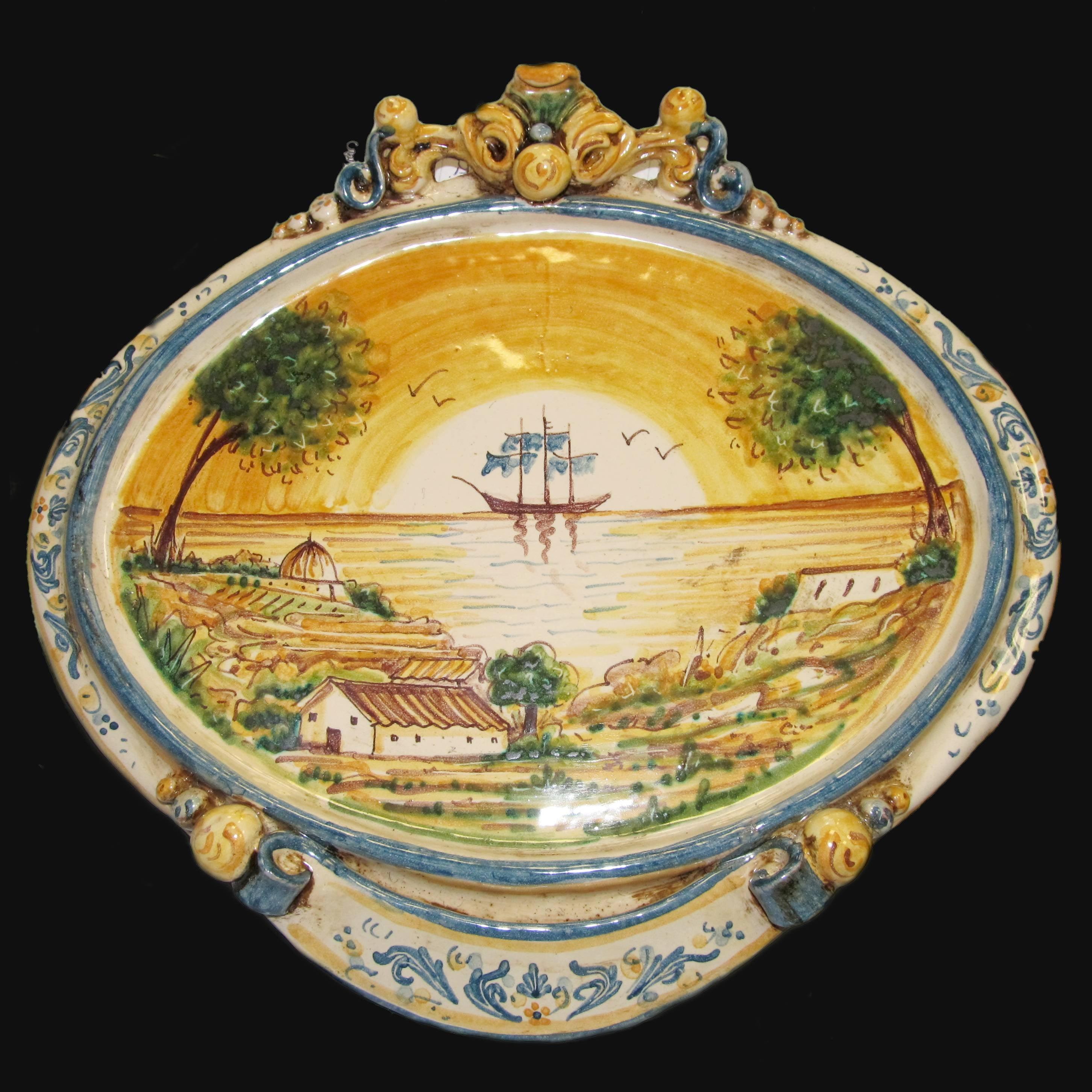 Ovale orizzontale medio c/veliero 23x25 blu e arancio in Ceramica Artistica di Caltagirone - Ceramiche di Caltagirone Sofia