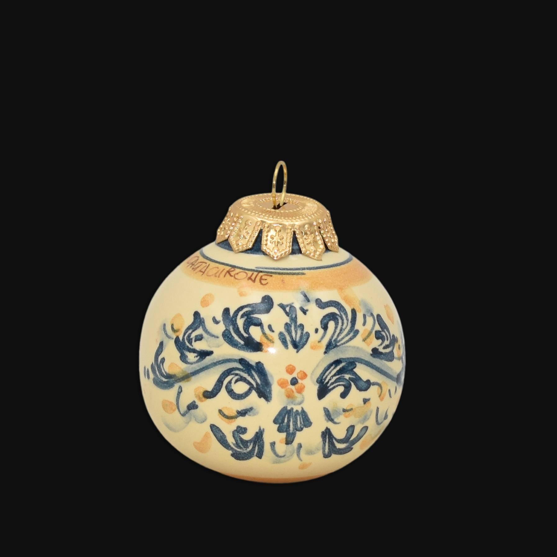 Pallina natalizia in ceramica di Caltagirone fatta a mano decorata blu e arancio