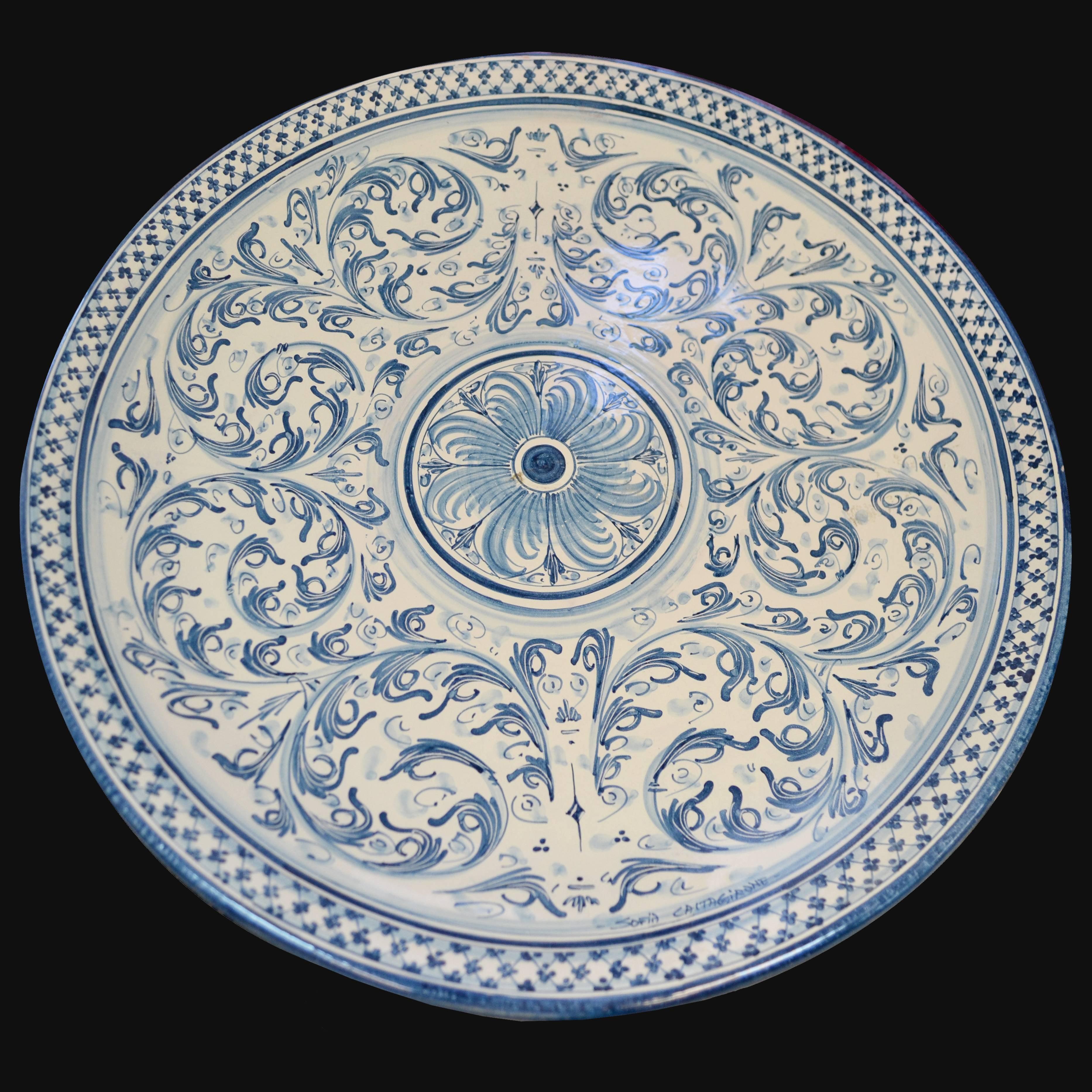 Piatto ornamentale Ø 35/40 s. d'arte mono blu in ceramica artistica di Caltagirone - Ceramiche di Caltagirone Sofia