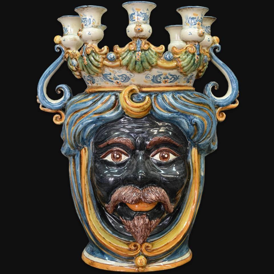 Testa a candeliere h 40 blu e arancio maschio moro - Ceramiche di Caltagirone Sofia