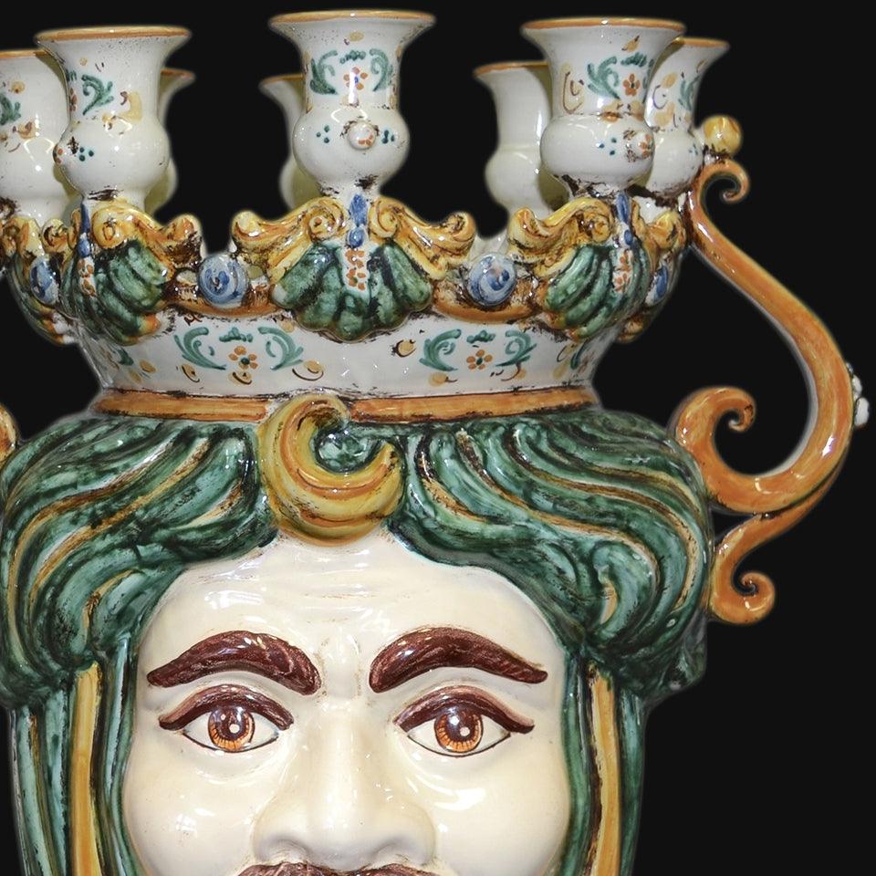 Testa a Candeliere h 40 verde/arancio Maschio Bianco - Ceramiche di Caltagirone Sofia