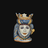 Ceramica di Caltagirone fatta a mano con volto regale e corona, arte tradizionale siciliana