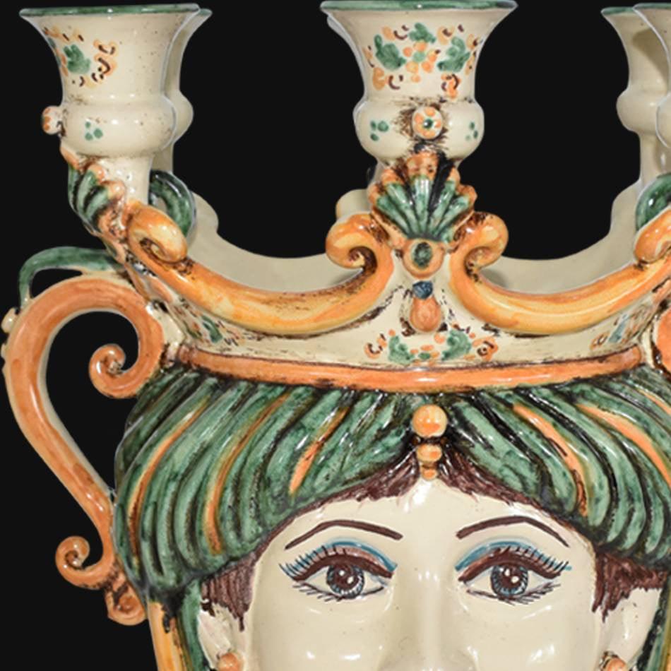Testa h 25 a candeliere verde e arancio donna - Ceramiche di Caltagirone Sofia