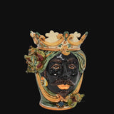 Testa di Moro con Fichi, Maschio Moro, Verde e Arancio, corona e decori colorati. Ceramiche Sofia, Caltagirone