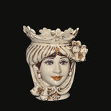 Ceramica di Caltagirone fatta a mano con volto femminile e corona, design tradizionale siciliano