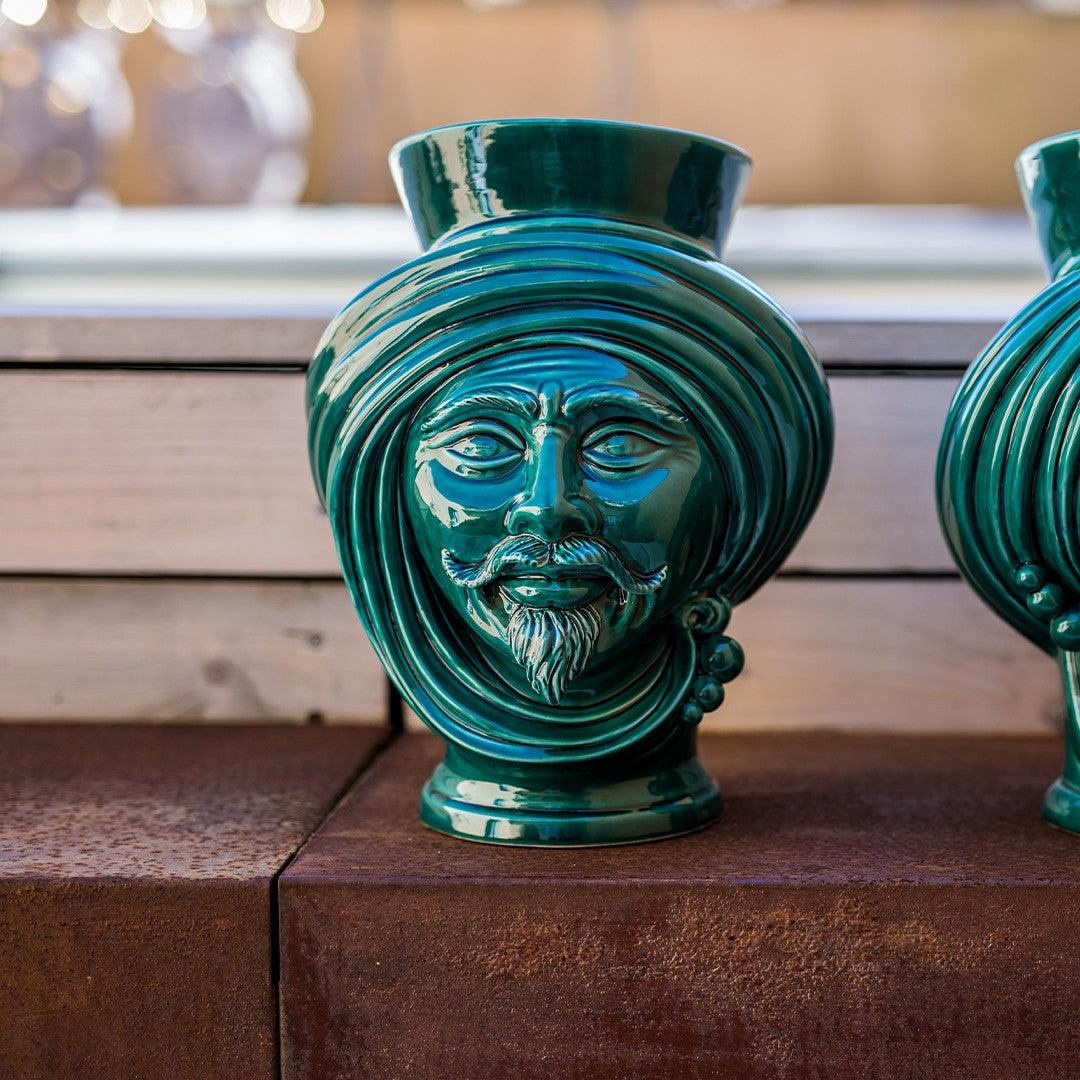 Testa h 30 corona liscia Verde Smeraldo Uomo - Teste di moro moderne Sofia Ceramiche - Ceramiche di Caltagirone Sofia
