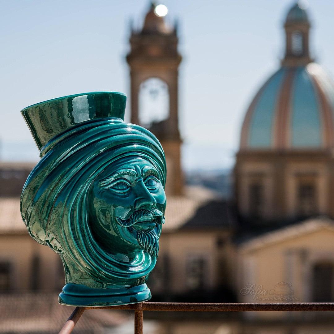 Testa h 30 corona liscia Verde Smeraldo Uomo - Teste di moro moderne Sofia Ceramiche - Ceramiche di Caltagirone Sofia