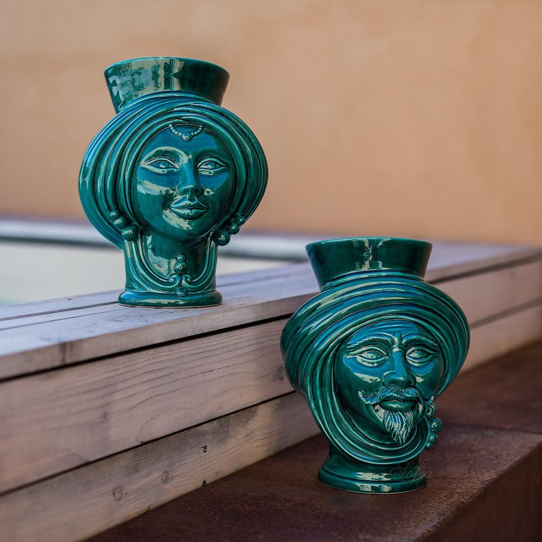 Testa h 30 corona liscia Verde Smeraldo Uomo - Teste di moro moderne Sofia Ceramiche - Ceramiche di Caltagirone Sofia