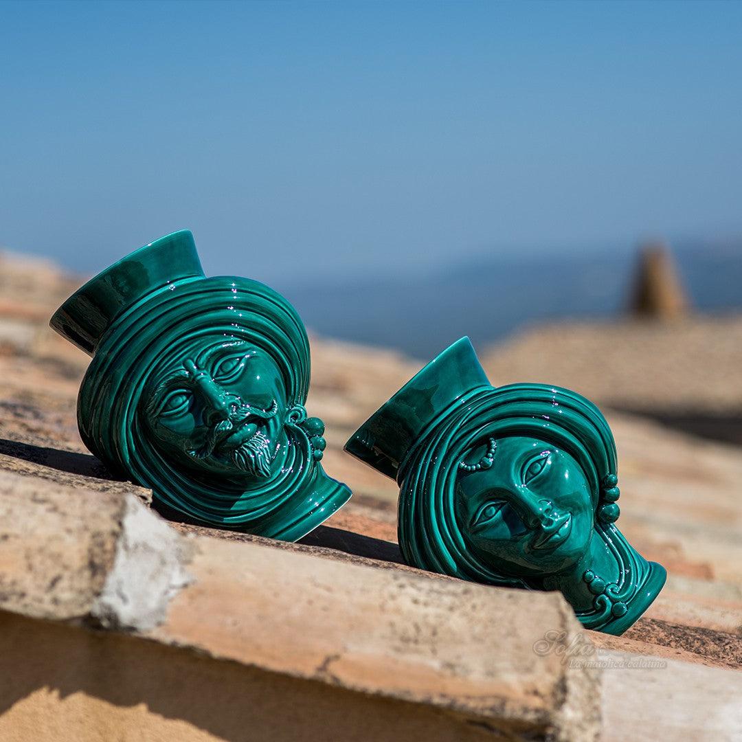 Testa h 30 corona liscia Verde Smeraldo Uomo - Teste di moro moderne Sofia Ceramiche - Ceramiche di Caltagirone Sofia