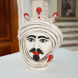 Testa di Moro, Maschio Bianco, Madreperla, turbante e dettagli rossi. Ceramica siciliana di Caltagirone, Sofia